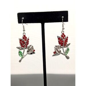 Red Rose Flower Rhinestone Pave Long Dangle Earrings Silver Tone Pierced